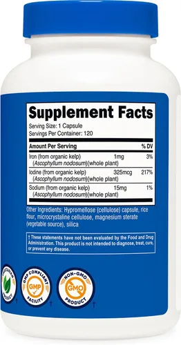 Vista 5 de Nutricost Yodo, yodo natural de algas marinas orgánicas, 325mcg, 120 cápsulas Sin gluten, vegetariano, sin OMG
