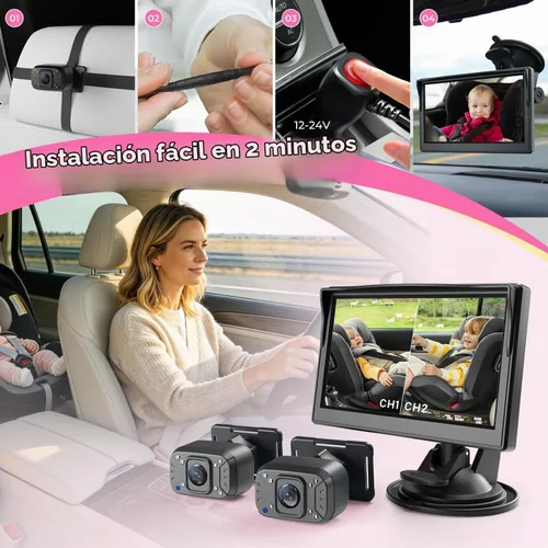 Vista 7 de Cámara de Coche para Bebé Itomoro, Pantalla de 5 Pulgadas de Doble Canal con 2 Cámaras de Visión Nocturna IR, Fácil Instalación de Espejo de Coche