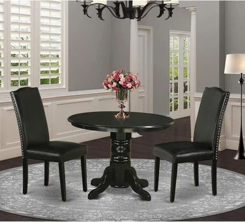 Vista 2 de East West Furniture SHEN3-BLK-69 - Juego de mesa de cocina de 3 piezas contiene una mesa de comedor redonda con pedestal y 2 sillas de comedor