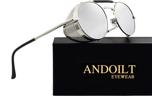 Vista 2 de ANDOILT Gafas de sol redondas estilo steampunk para hombres y mujeres gafas vintage retro marco matel protección UV400