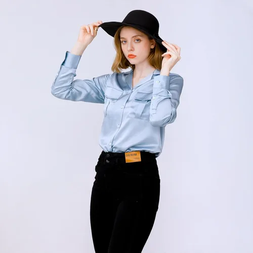 Vista 2 de Blusa de seda para mujer, 100% seda pura, manga larga, suave, 22 Momme, camisa de seda real