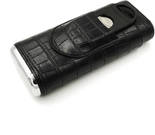 Vista 5 de Estuche de cigarros negro con cortador, soporte portátil de cuero para cigarros de viaje y kit de humidificador pequeño para hombres