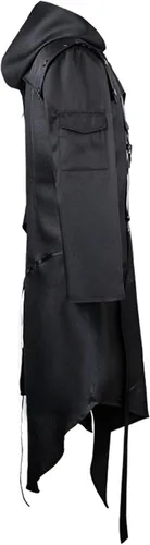 Vista 4 de Homisy Disfraces de Halloween para hombres, chaqueta gótica retro de vapor punk, capa de manga larga con capucha y botón de metal, gabardina larga