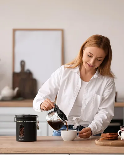 Vista 9 de Veken Recipiente de café con ventana, recipiente hermético de almacenamiento de alimentos de cocina de acero inoxidable con tapas, rastreador