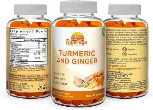 Vista 3 de Gomitas masticables de curcumina y jengibre de cúrcuma para adultos y niños. Apto para veganos, kosher y halal, sin gluten, sin OMG. 60