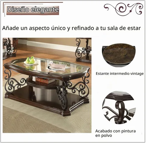 Vista 4 de Elegante mesa auxiliar retro, mesa de cóctel rectangular tradicional de 3 niveles con parte superior de vidrio templado, estante de mármol medio