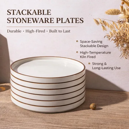 Vista 5 de LERATIO Platos de Cerámica, Juego de 6 Platos Planos de Ensalada de 8.0 Pulgadas, Platos Modernos de Borde Alto para Cocina, Aptos para Microondas