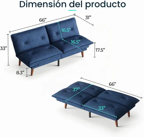 Vista 2 de LINSY HOME Sofá cama futón, sofá futón de felpilla de 70 pulgadas con respaldo ajustable, cómodo sofá cama convertible 3 en 1 para espacios Azul