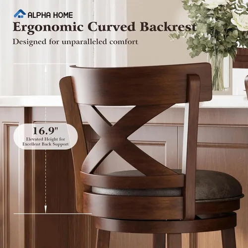 Vista 4 de ALPHA HOME Taburetes de bar giratorios con respaldo, 26 pulgadas, juego de 2, taburetes de bar de madera, sillas de bar de 360 grados con patas