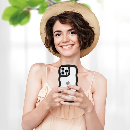 Vista 6 de Anuck Funda para iPhone 13 Pro con borde ondulado, diseño trasero transparente, agarre antideslizante, forma de marco rizado ondulado, a prueba