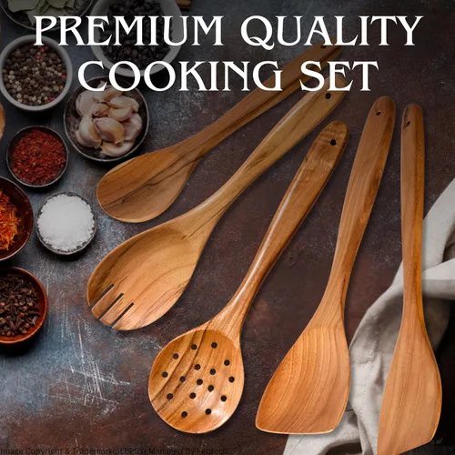 Vista 3 de Juego de 6 cucharas y utensilios de madera para cocinar, herramientas de cocina de madera de teca de acabado liso con agarre cómodo, cucharas