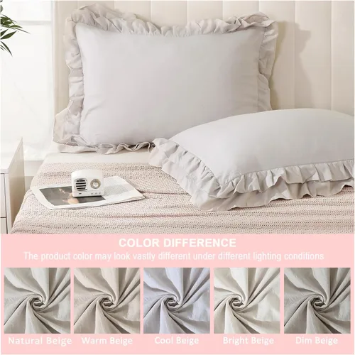 Vista 6 de Bedbay Juego de 2 fundas de almohada beige tamaño Queen, fundas de almohada con volantes, fundas de almohada Shabby Chic tamaño estándar, fundas
