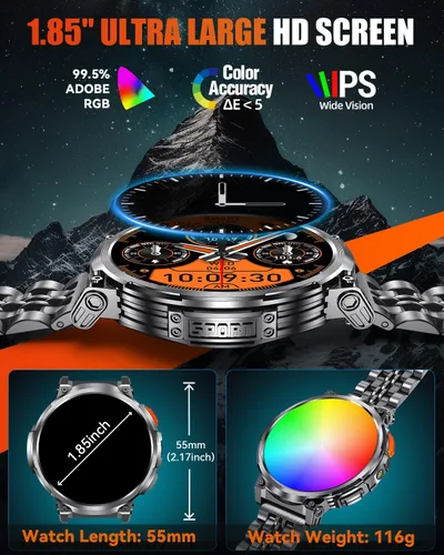 Vista 3 de Relojes inteligentes militares para hombres con llamada Bluetooth, pantalla HD de 1.85 pulgadas, reloj inteligente impermeable con linterna, 114