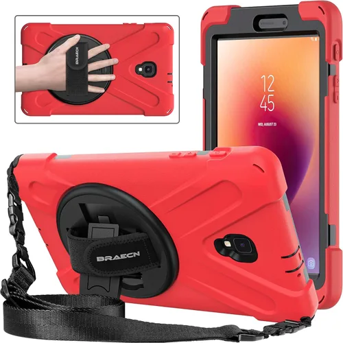 Vista 8 de Galaxy tab A 8.0 2017 estuche (SM-T380 / T385), BRAECN tres capa resistente de parachoques duro de silicona suave con 360 grados pie de apoyo Negro