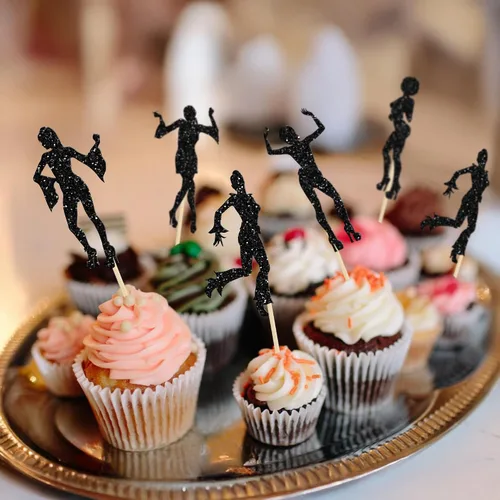 Vista 8 de 24 piezas de decoración de cupcakes de discoteca de los años 70 con purpurina negra, selecciones bailarinas de los 80 para decoración de pasteles
