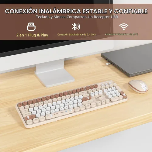 Vista 4 de Combo de teclado y mouse inalámbricos, bonito teclado de máquina de escribir con teclado numérico, teclado de tamaño completo de 2.4 GHz para PC