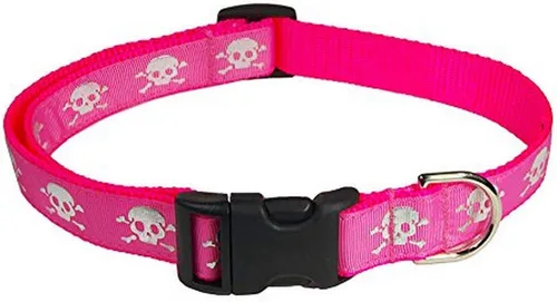 Vista 4 de Collar de perro con calavera reflectante negra: 1/2 pulgada de ancho, se ajusta de 6 a 12 pulgadas, fabricado en Estados Unidos. Negro