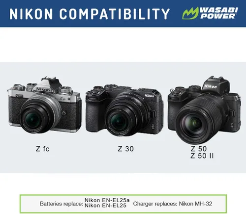 Vista 2 de Wasabi Power Batería (paquete de 2) y cargador de repuesto para Nikon EN-EL25, EN-EL25a, 4241, MH-32 compatible con Nikon Z30, Z50, Z50 II, Zfc