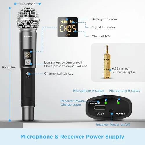 Vista 7 de Bietrun - Micrófono inalámbrico, juego de micrófonos de mano dinámicos de metal UHF con receptor recargable, salida de 1/4 de pulgada, para karaoke