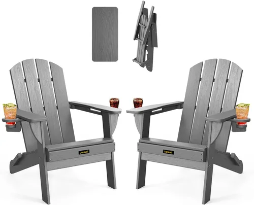 Vista 36 de Silla Adirondack Plegable, Sillas Adirondack de Plástico con Textura de Madera con 2 Portavasos, Silla para Hoguera de HDPE Resistente a