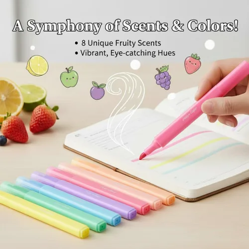 Vista 4 de Juego de 8 resaltadores perfumados con aroma a fruta, marcadores de punta de cincel pastel para diario, toma de notas, suministros escolares