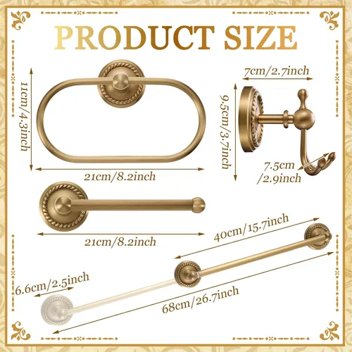 Vista 2 de Juego de 4 Piezas de Accesorios de Baño de Latón Antiguo Dorado Montados en la Pared Toallero y Anillo para Toallas y Portapapel Higiénico y Gancho