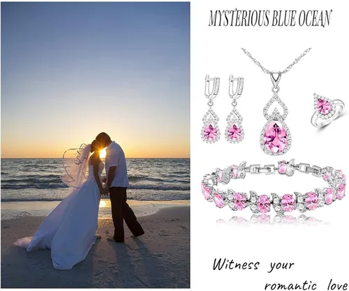 Vista 3 de LMXXVJ Juego de joyas para mujer, collar chapado en platino, anillo abierto, aretes, pulsera, para cumpleaños, aniversario, día de la madre, regalos