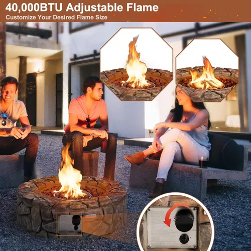 Vista 2 de Tangkula Fogata Redonda de Gas Propano de 28 Pulgadas, Patiojoy Fogata de Propano para Exteriores de 40,000 BTU con Aspecto de Piedra con Rocas