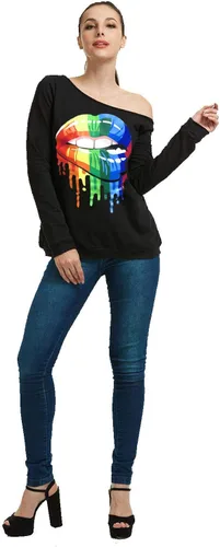 Vista 3 de MAGICMK - Suéter de hombros descubiertos y manga larga para mujer, blusas informales con estampado de labios, tallas extragrandes, holgadas