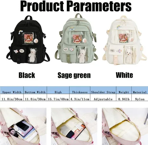 Vista 6 de FETNHU Mochila Preppy, mochila Kawaii con pin Kawaii y accesorios para niñas, mochila estética escolar, Negro-a, 1