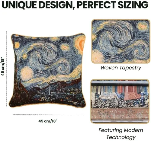 Vista 2 de Signare Van Gogh Artist Tapestry - Funda de almohada cuadrada de doble cara de 18 x 18 pulgadas (sin relleno) en diseño de noche estrellada