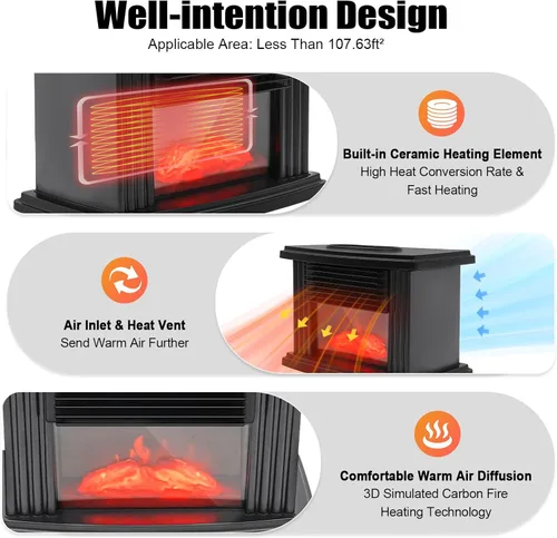 Vista 5 de Calentador eléctrico de chimenea, 1000 W, pequeña estufa de chimenea infrarroja independiente con temporizador de velocidad de 3 velocidades, efecto