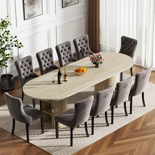 Vista 20 de Mesa de comedor redonda extensible con base de almacenamiento, mesa de comedor expandible natural de 63 a 94 pulgadas para 10 personas, mesa