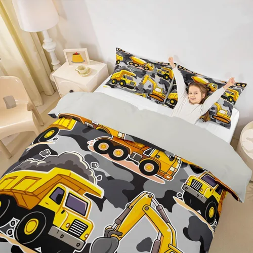 Vista 3 de Erosebridal Juego de ropa de cama de tractor de construcción para niños, niños, adolescentes, diseño de camiones y excavadoras, tamaño individual