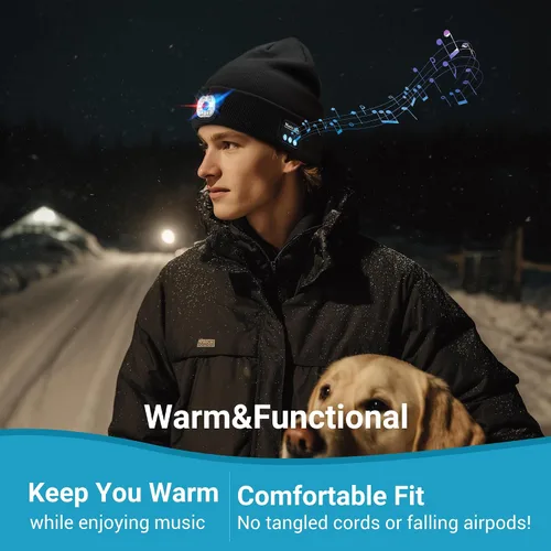 Vista 2 de Bluetooth Beanie with Light, LED Beanie with Built-in Speaker and Microphone, Unique Gifts for Men Women