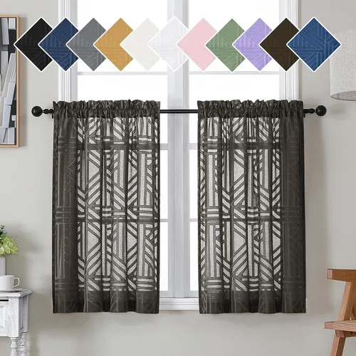 Vista 29 de Simplebrand Cortinas traslúcidas negras de cocina de 24 pulgadas de largo, 2 paneles, filtrado de luz, geométrico jacquard con textura, cortinas