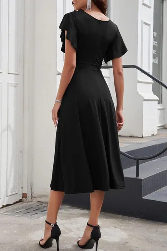 Vista 6 de PRETTYGARDEN Vestido midi de verano 2023 para mujer, manga casquillo con volantes, cuello en V, acampanado, vestido de cóctel
