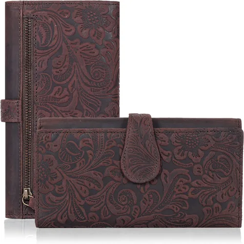 Vista 16 de Cartera de cuero genuino para mujer de cuero con bloqueo RFID - Tarjetero triple de diseñador para damas tipo clutch con ventana de identificación