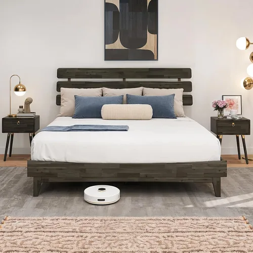 Vista 20 de Bme Caden - Base de cama de 15 pulgadas con cabecera ajustable, estilo retro de mediados de siglo, con madera de acacia, no necesita somier, 12