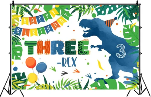 Vista 3 de Telón de fondo de tercer cumpleaños de dinosaurio azul de 6 x 4 pies con dibujos animados de tres rex, hojas de palma verdes, fondo de fotografía
