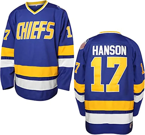 Vista 12 de Hanson Brothers - Camiseta de hockey 16 Charlestown Chiefs 17 Jeff Slap Shot 18, camiseta de hockey de película, azul, blanco, S-3XL