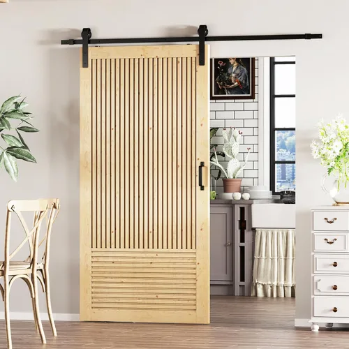 Vista 19 de BARNER HOME Puerta de granero de madera de pino de 30 x 84 pulgadas, puerta corredera decorativa de 1 lite, con kit de herramientas incluido Puerta