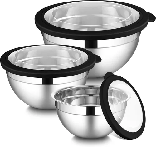 Vista 14 de LIANYU Juego de 3 tazones para mezclar con tapas, tazones de metal de acero inoxidable anidables grandes y pequeños para almacenamiento de cocina