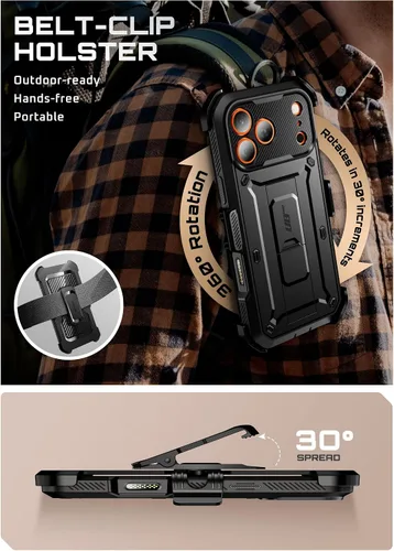 Vista 8 de SUPCASE - Funda para iPhone 17 Pro Max con función atril y protector de pantalla, color negro Built-in Camera Control Button, Detachable Belt
