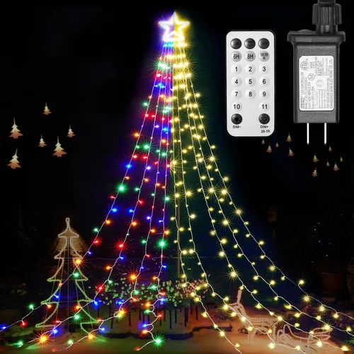 Vista 8 de BlcTec Luces de Navidad para exteriores, 317 luces LED de estrella de Navidad con 9 hebras de luces de árbol de cascada de 11.9 pies, 8 modos Blanco