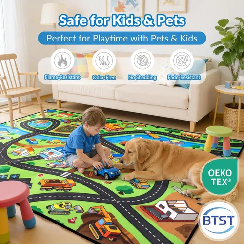Vista 3 de Alfombra de carretera para niños de 3 x 5 pies, alfombra de juego de coche de ciudad costera para autos de juguete, alfombra educativa de mapa
