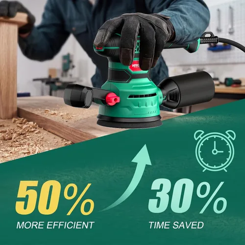 Vista 5 de Lijadora Orbital 3.8Amp 450W, HYCHIKA 6 Velocidades Variables Doble Mango Lijadora de Palma Orbital Aleatoria Eléctrica, Lijadora Eléctrica de 5