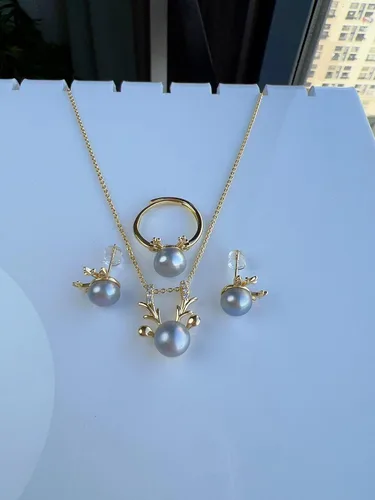 Vista 9 de Natural Pearl Jewelry Set for Women Mother Girls, Freshwater Cultured Pearl Set, Black White Blue Purple Pearl Butterfly Swan Gold plated Diamond