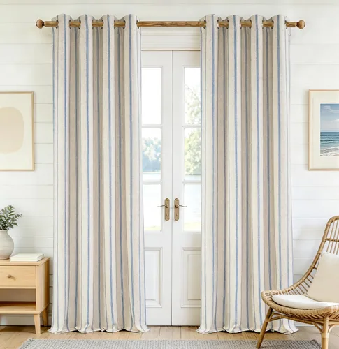 Vista 79 de DriftAway, cortinas de mezcla de lino estilo granja 100% opacas de 63 pulgadas de largo para dormitorio, cortinas de lino con rayas verticales