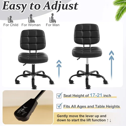 Vista 8 de VINGLI Silla de escritorio compacta y pequeña, linda silla sin brazos con ruedas, silla de tocador con respaldo bajo, silla de tarea ajustable